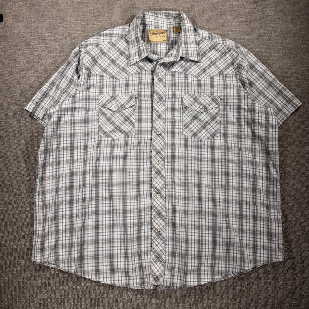 Wrangler Western Shirt Mens 2XL Blue Plaid Excellent Short Sleeve Pearl‎ Snap